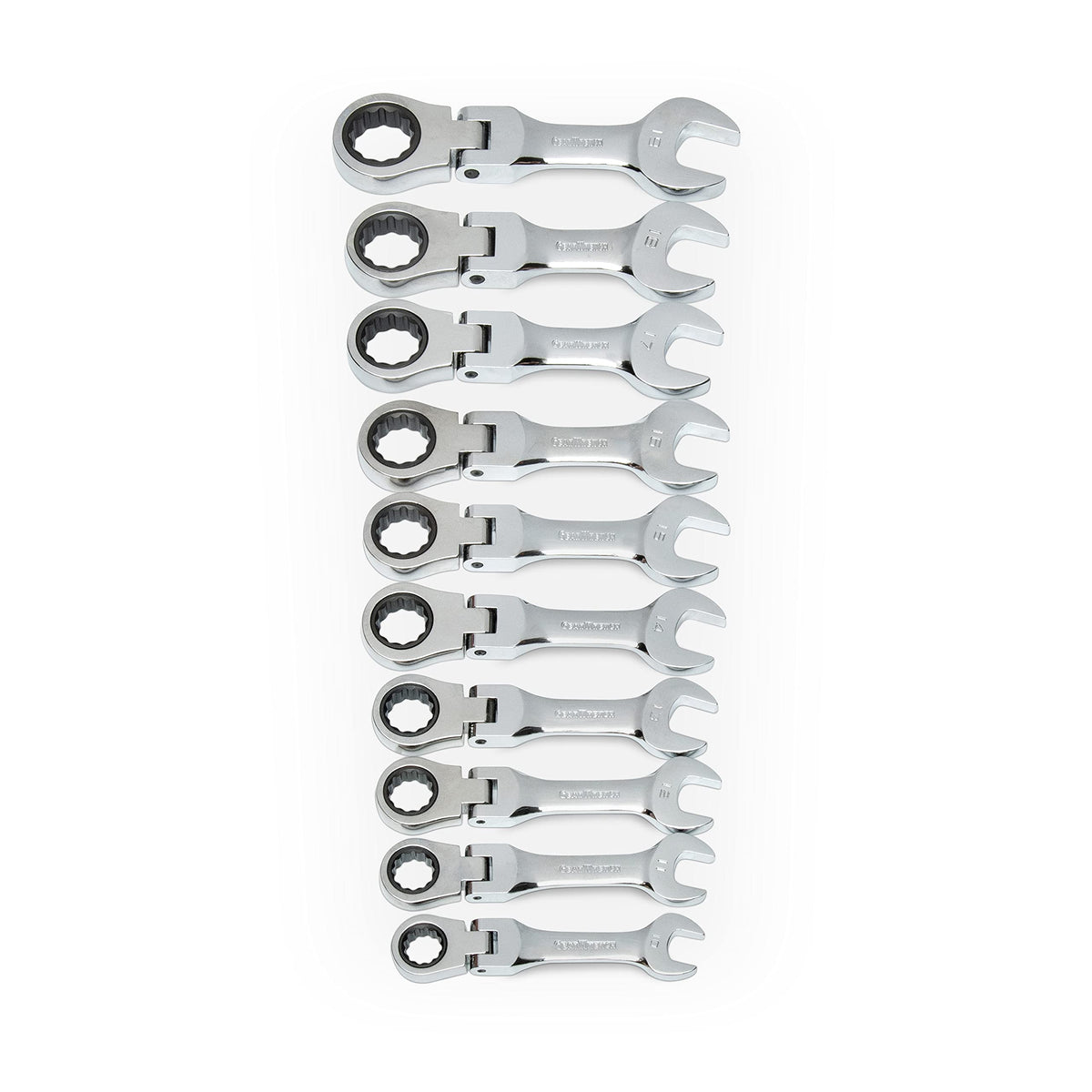 10 Pc 72T Stubby Flex Ratcheting Combination mm Wrench Set by GEARWRENCH – Alloy Steel, Solid Black, Model 9550
