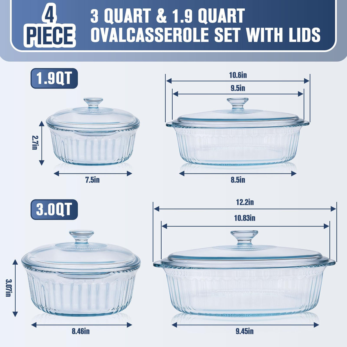 KAKO Glass Casserole Set, 1.9 and 3 Quart Oval Bakeware with Lids, Clear