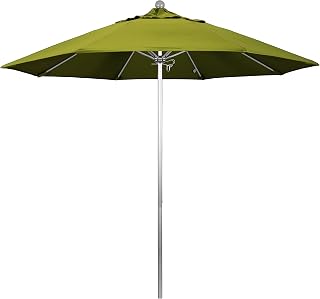 California Umbrella 9' Round Aluminum/Fiberglass Umbrella, Push Open, Silver Pole, Olefin Fabric, Kiwi