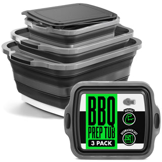 Collapsible BBQ Prep Tub with Lids and Drain Spouts by Modern Innovations – Polypropylene, Black, Pack of 3, Model MI 1545
