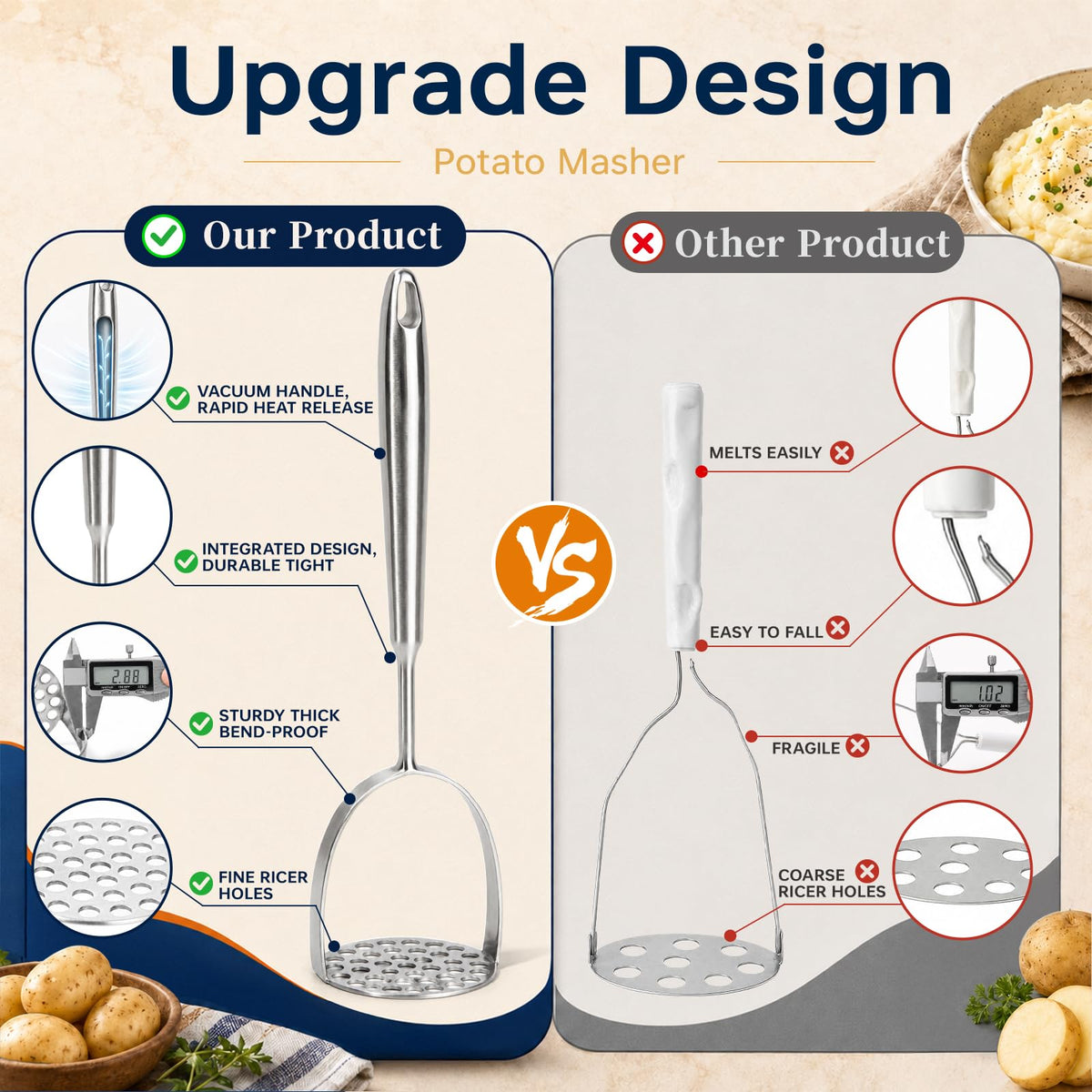 Newness Focus on Stainless Steel Potato Masher, One Piece Design, Silver