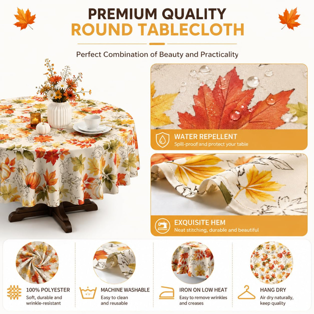 Soheioue Round Tablecloth, 60 Inch Diameter, Brown Autumn Design