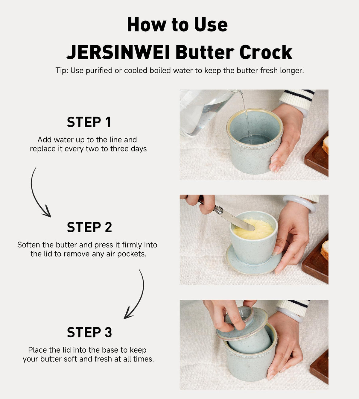 Jersinwei Butter Crock with Lid, Ceramic Water Seal Design, Speckled Blue, 8 oz