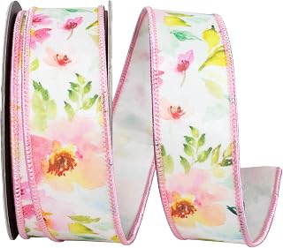Reliant Ribbon Watercolor Flowers Deluxe Fused Wired Edge Ribbon, White/Pink