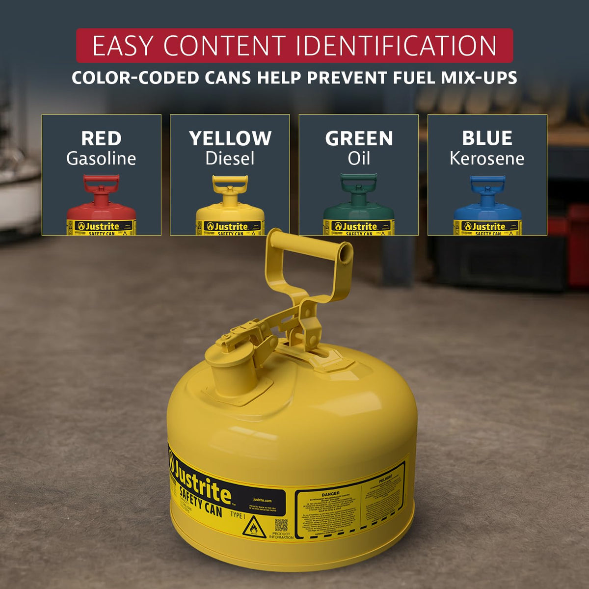 Justrite Yellow / 2.5 Gallon / Type I Cans