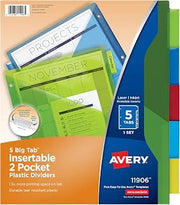 Avery Dividers for 3 Ring Binders, 5-Tab Sets, Two-Pocket Plastic Binder Dividers with Tabs, Multicolor, 1 Set (11906)