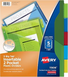 Avery Dividers for 3 Ring Binders, 5-Tab Sets, Two-Pocket Plastic Binder Dividers with Tabs, Multicolor, 1 Set (11906)