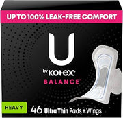 U by Kotex Balance Ultra Thin Pads with Wings, Heavy Absorbency, 46 Count (Packaging May Vary)