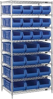 QUANTUM STORAGE SYSTEMS WR8-950952BL Wire Heavy Duty 8 Shelves 74" H x 36" W x 24" D with 24 Blue Bins Multi-Sizes