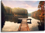 Inpraradiso Nature Canvas Wall Art Decor, Lake Dock Picture, 36x24 Inch | Serene Landscape Print, Lakeside Pier Artwork, Autumn Forest Scenes Painting, Ready to Hang for Living Room, Home Office