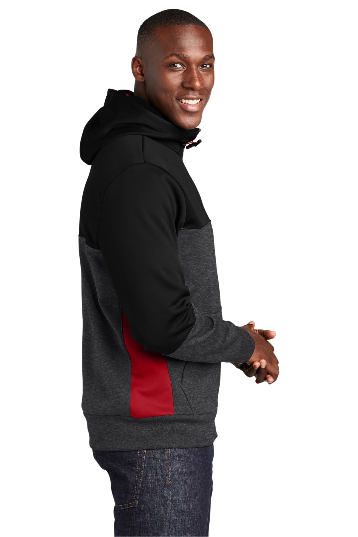 Unisex Tech Fleece Colorblock Full Zip Hooded Jacket by SPORT-TEK – 3X-Large, Polyester, Black/ Graphite Heather/ True Red, Model 904662
