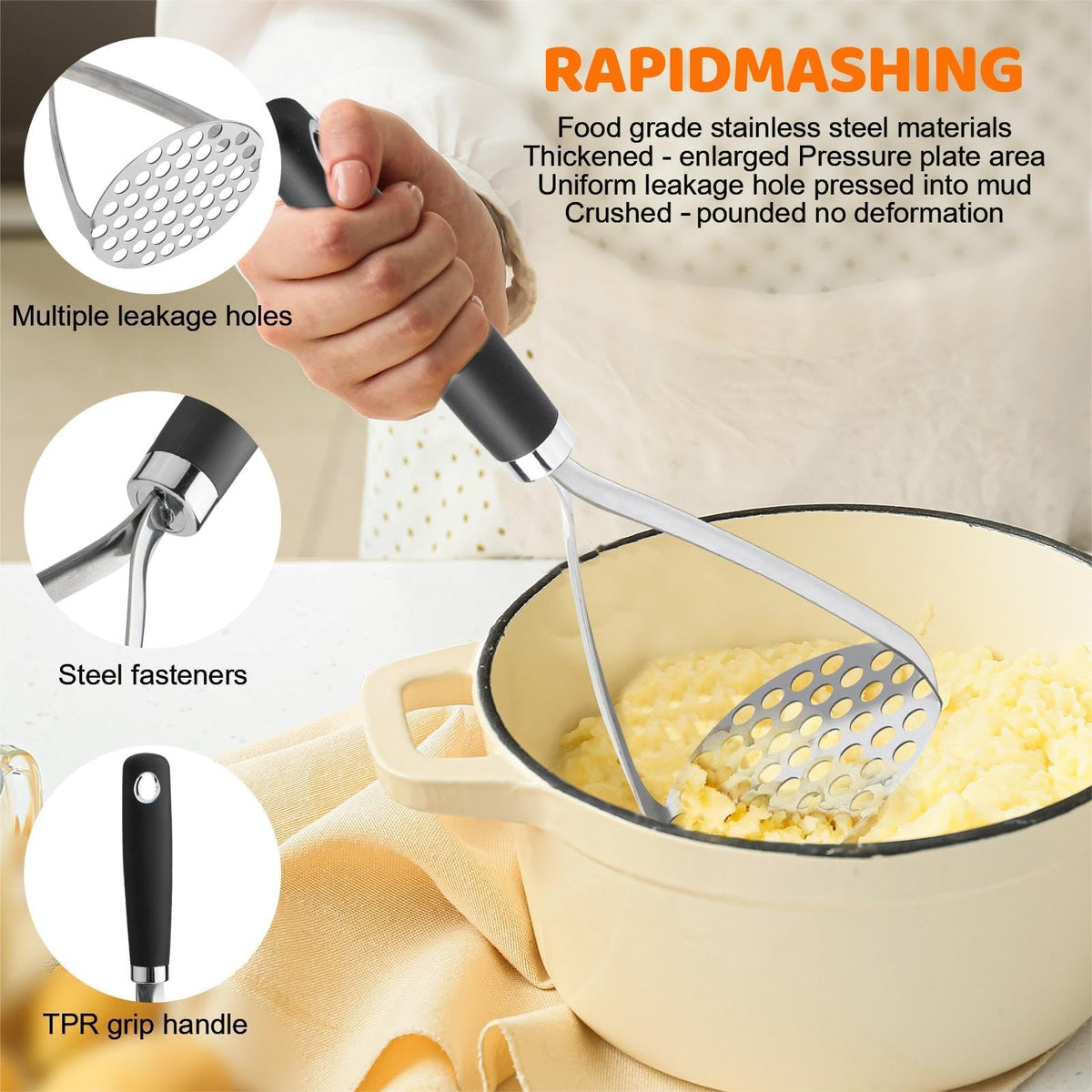 Qbily Potato Masher Set, Stainless Steel, Black, 2 Pieces