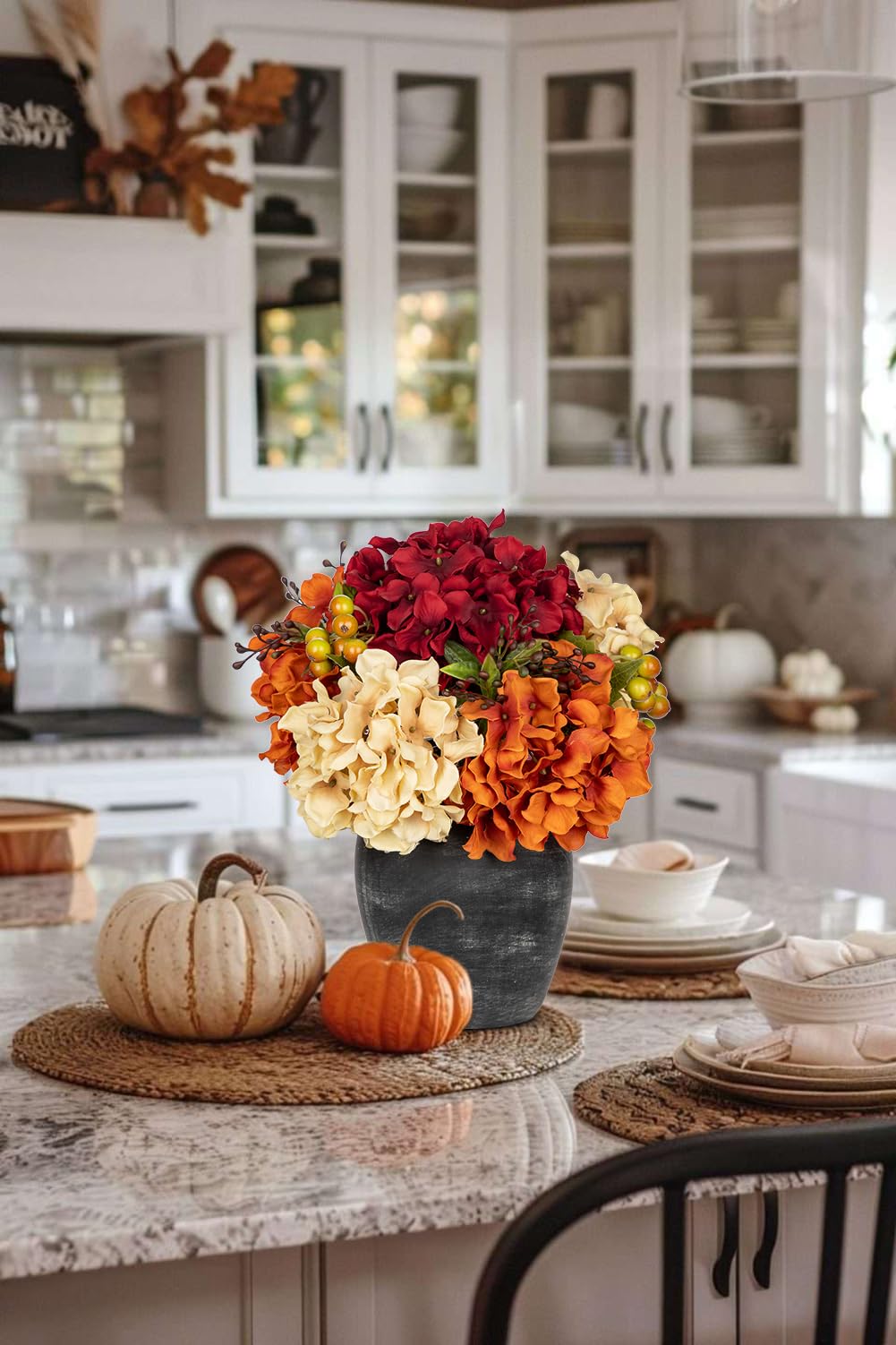 Oairse Artificial Hydrangea Arrangement, 11.8 Inch Silk Blooms in Ceramic Vase, Cream Orange Wine