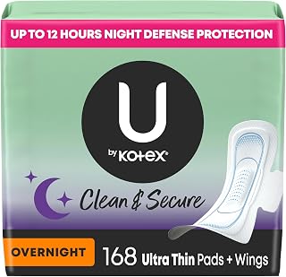 U by Kotex Clean & Secure Ultra Thin Overnight Pads with Wings, 168 Count (6 Packs of 28) (Packaging May Vary)