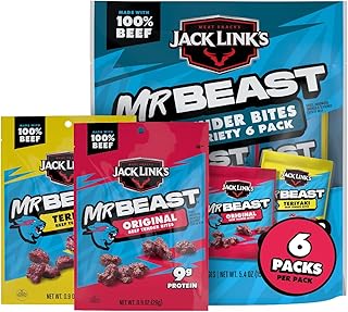 Jack Link's MrBeast Original & Teriyaki Beef Jerky Bites - (6 Pack) 5.4 oz | Variety Pack - Protein Snacks - Bags - Up to 10g Protein per Bag - Made with 100% Beef
