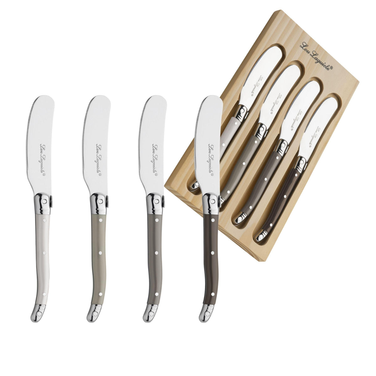 Tradition Wooden Set 4 Mixed Spreaders by Lou Laguiole – 6.25-Inch, Stainless Steel, Assorted, Model 2511MYWA00BB4