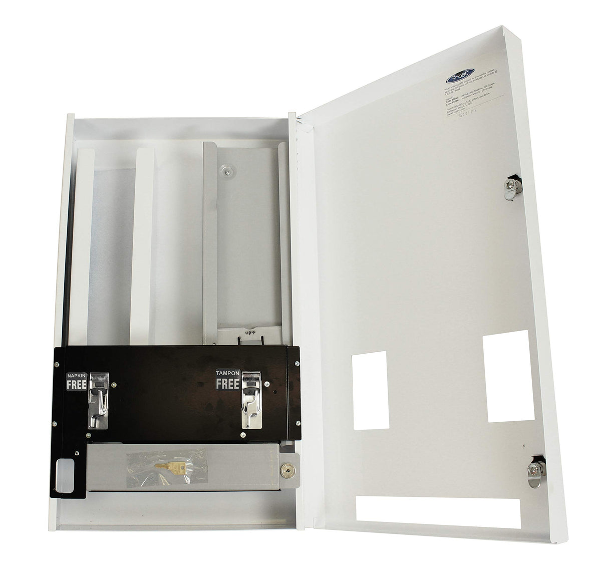 Frost Napkin and Tampon Dispenser by Frost Hats – 5.75"L x 14.88"W x 25.38"H, vinyl, Steel, White, Model 608-1-Free