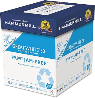 Hammermill 67780 Great White Recycled Copy Paper, 92 Brightness, 20lb, 8-1/2 x 11, 2500 Shts/Ctn