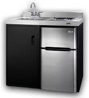 Summit 39" Wide All-in-One Kitchenette, Black and Stainless - C39ELGLASSBK | Includes 2-Door Refrigerator-Freezer, 2-Burner Cooktop, Sink, and Storage