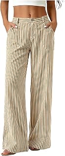 Women Striped Pants Linen-Like Button Elastic Waist Drape Trousrs
