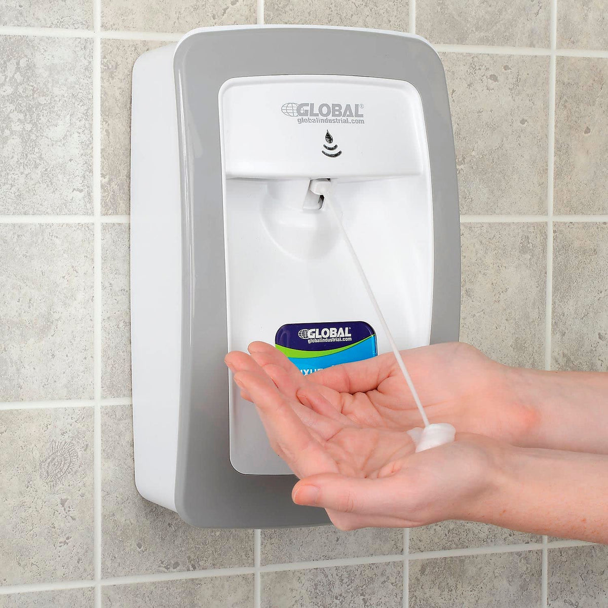 Hand Soap Starter Kit with Automatic Dispenser by Global Industrial – 12"L x 10"W x 8"H, Plastic, White/Gray, Model 640812