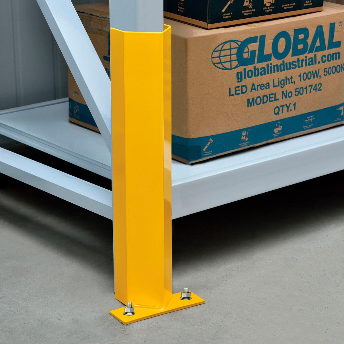 Pallet Rack Frame Guard with Pre-Drilled Base by Global Industrial – 4"L x 3.13"W x 18"H, 9-Gauge Steel, Yellow, Model 798618