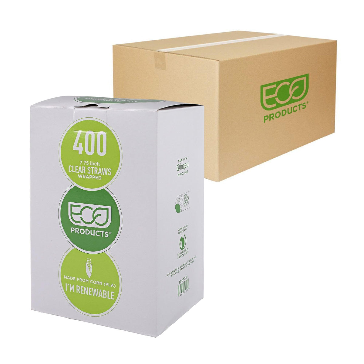 Eco-Products Compostable Paper Wrapped Plastic Straws – 7.75" Long, 5mm Diameter, Case of 9600, Clear Disposable Plant Based PLA Plastic, Standard Sized Drinking Straws, ASTM Compliant, BPI-Certified