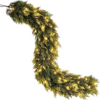 Christmas Cedar Garland LED - Pine Foliage | Prelit Holiday Vine | Pine Mantle Garland For Indoor Outdoor Wall Front Door Mantle Tree Stair Railing Entryway Party