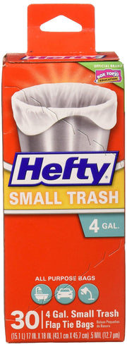 Small Trash Flap Tie Bag by Hefty – 30 Count (Pack of 1), 4.0 gallons, Plastic, No Color, Model FBA_E20119