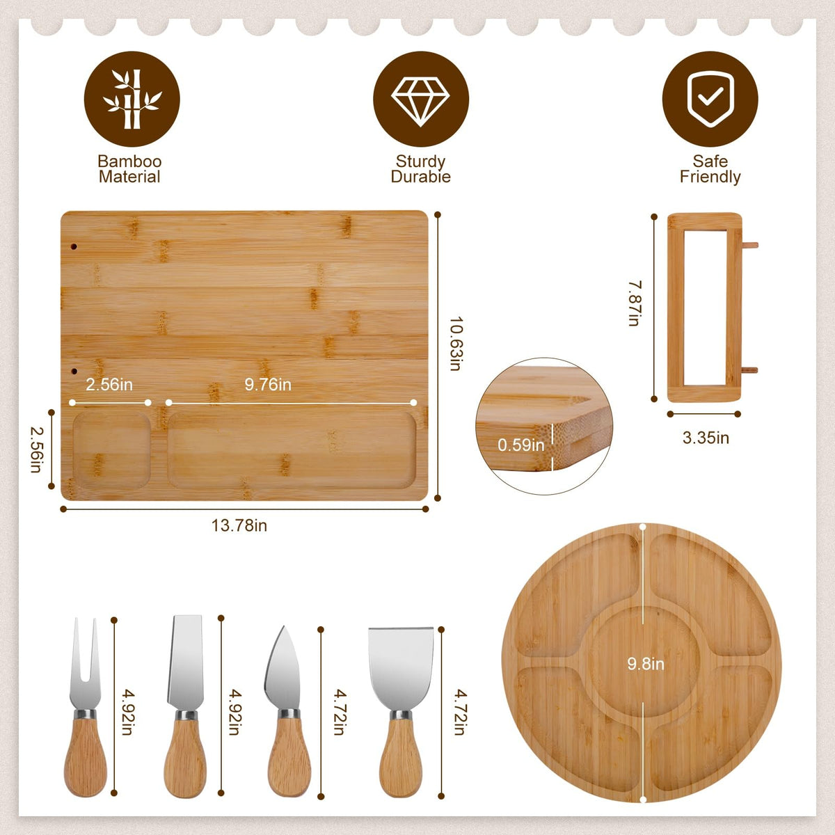 Turimon Bamboo Charcuterie Board, With 4 Knives And Fruit Tray, Wood