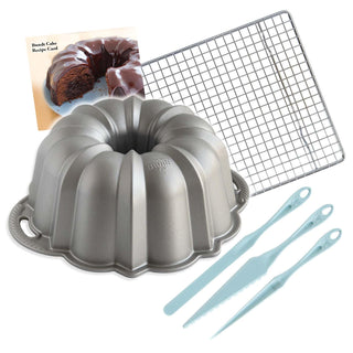 Platinum Bundt Cake Pan - Finishing Tool & Cooling Rack Set by Nordic Ware – Large, 10.0 cups, Aluminum, Silver, Model NW50037K2