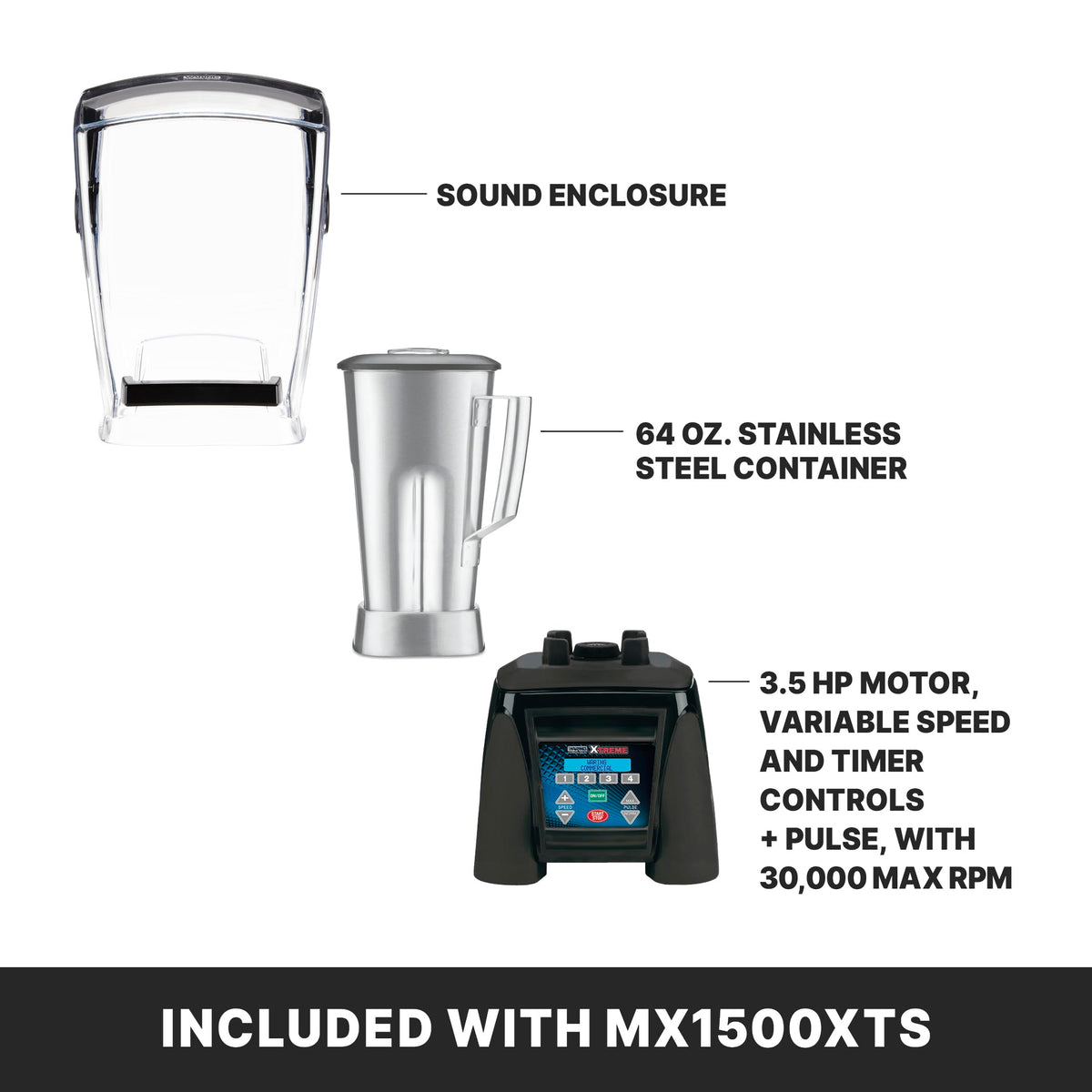 Waring 64 Ounce Stainless Steel Jar / Black / MX1500XTS - Stainless Steel 64 Oz Container | Noise Reduction Countertop Blenders