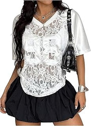 Women's Sheer Lace Jersey Shirt V Neck Number Graphic Tee Oversized Tops