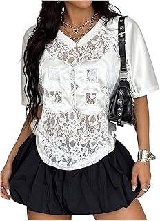 Women's Sheer Lace Jersey Shirt V Neck Number Graphic Tee Oversized Tops