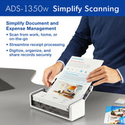 ADS-1350W Wireless Compact Desktop Scanner | Scan Speeds of Up to 30ppm | Single Pass Double-Sided Scanning (Renewed) by Brother – 8.50" x 14", White/Black, Model ADS-1350W-cr