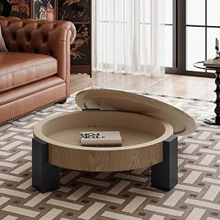 33" Space Saving Coffee Table, Round Coffee Table with Hidden Storage Compartment, Mesa De Centro para Sala with parquet Veneer top for Home Living Space, Matte Black,Natural Wood