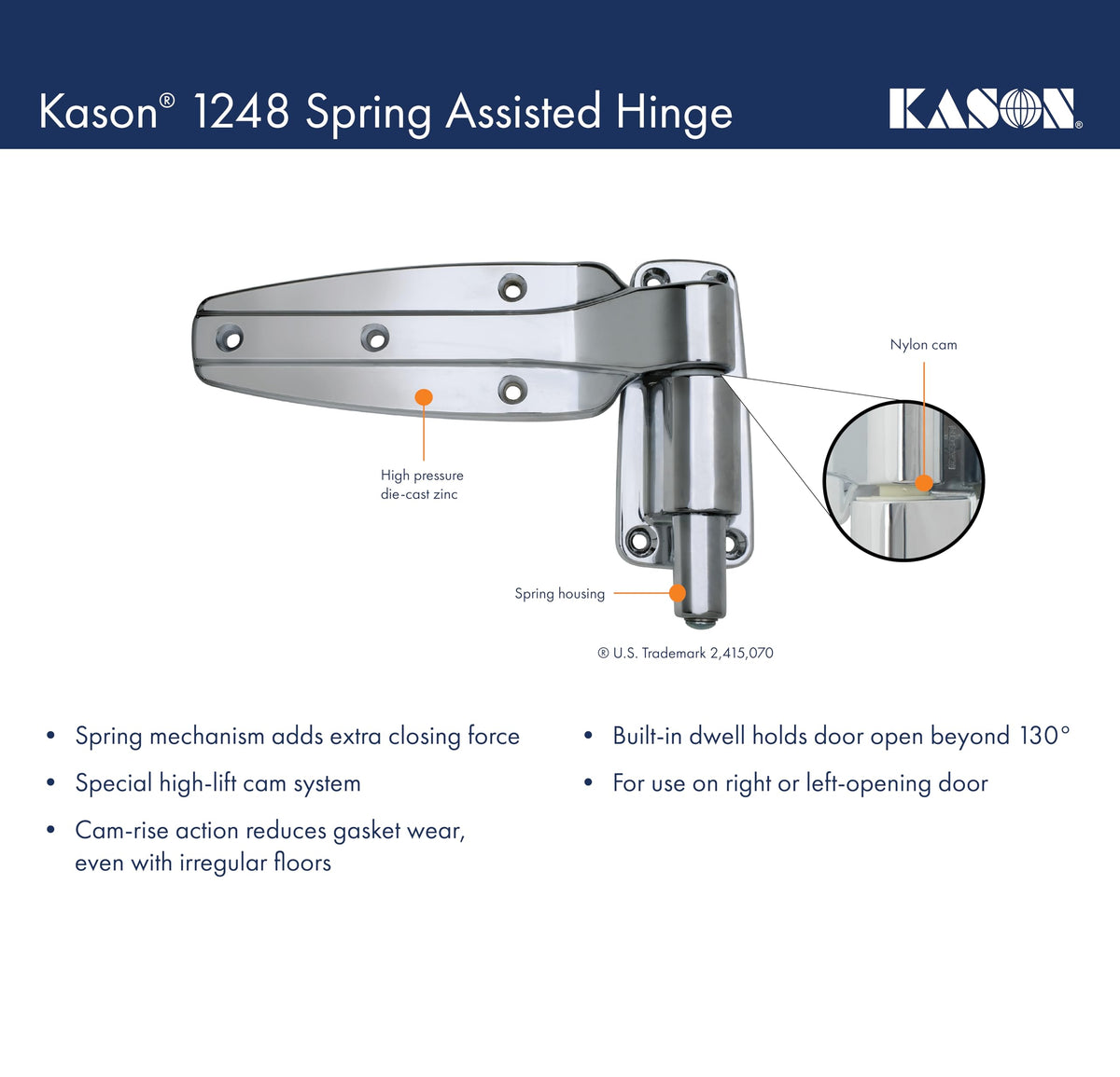1248 Spring Assisted Hinge by Kason – Offset: 1-1/2 Inch, Zinc, Model 1248-C112