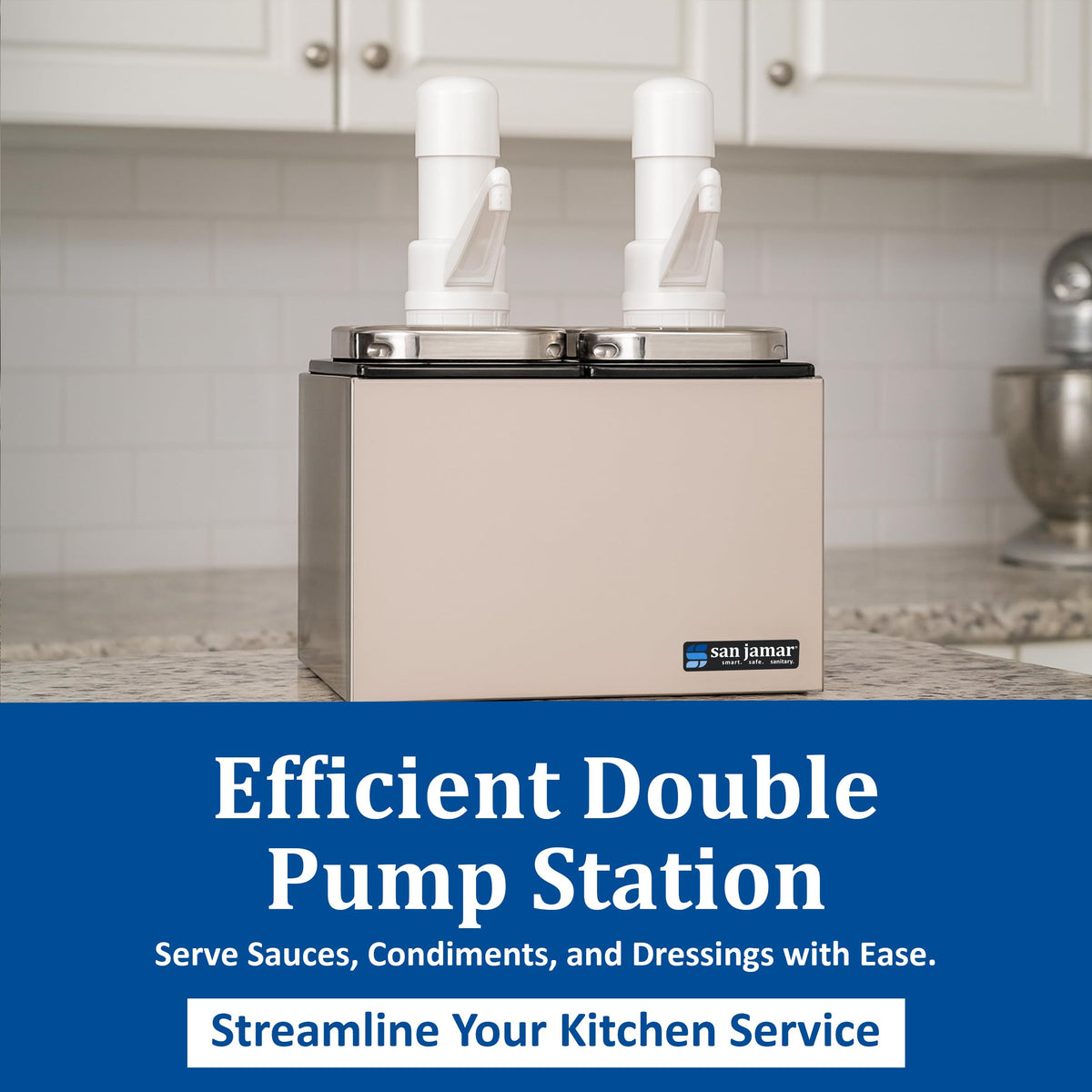 San Jamar Stainless Steel Condiment Pump Service Center with 2 Wells Black Jars by Carlisle FoodService Products – 12 x 8.25 x 8", Stainless Steel, Stainless, Model P9712
