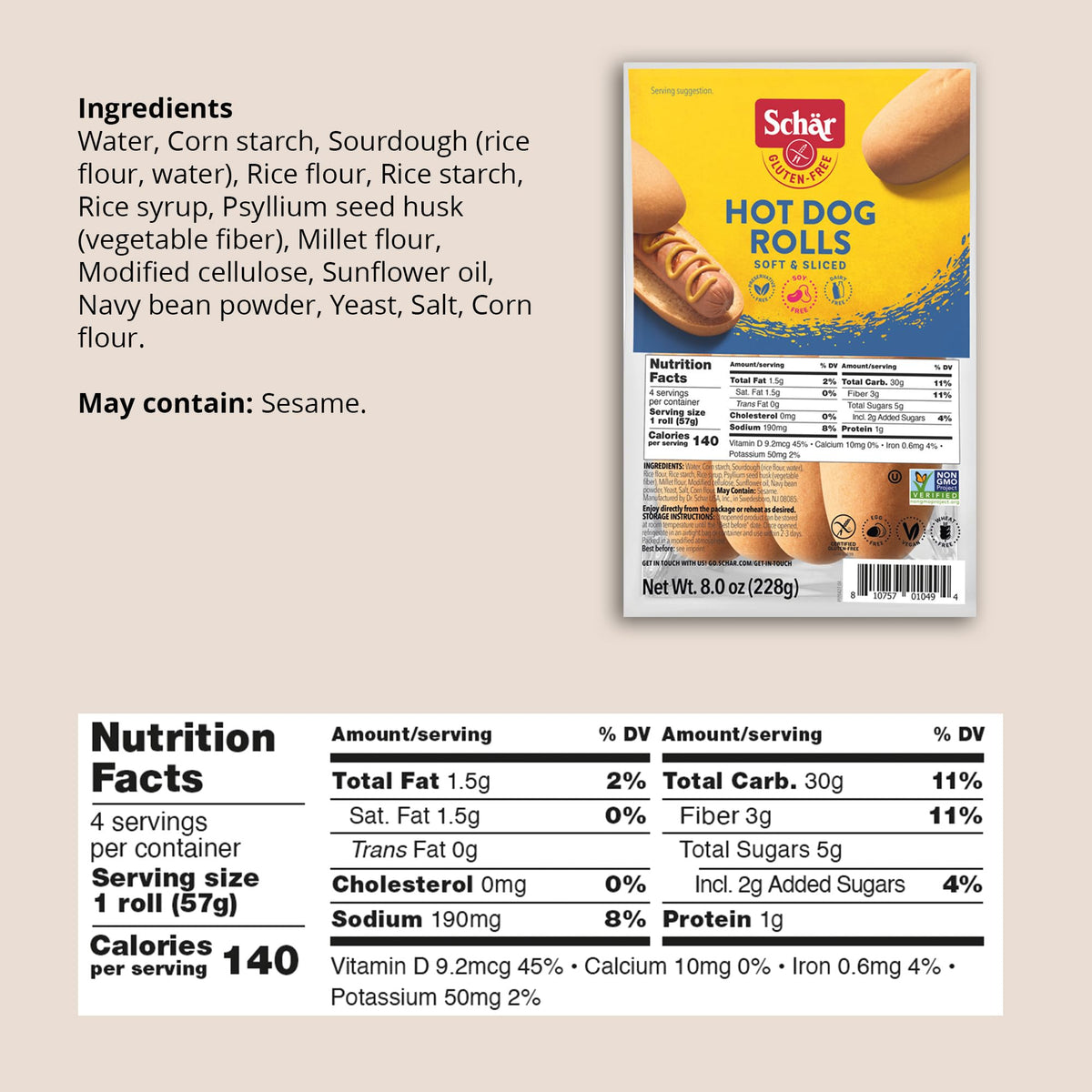 Schär Hot Dog buns / 4 pack Hamburger Buns