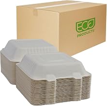 ECO PRODUCTS Compostable 8" Soak Proof Clamshell To Go Containers, Case of 200, Square Takeout Food Box, White Renewable Lined Molded Fiber, Microwaveable, Grease & Cut Resistant, ASTM Compliant
