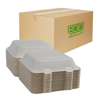 Compostable 8" Soak Proof Clamshell To Go Containers by ECO PRODUCTS – 8", 35.5 ounces, Molded Fiber, white, Pack of 200
