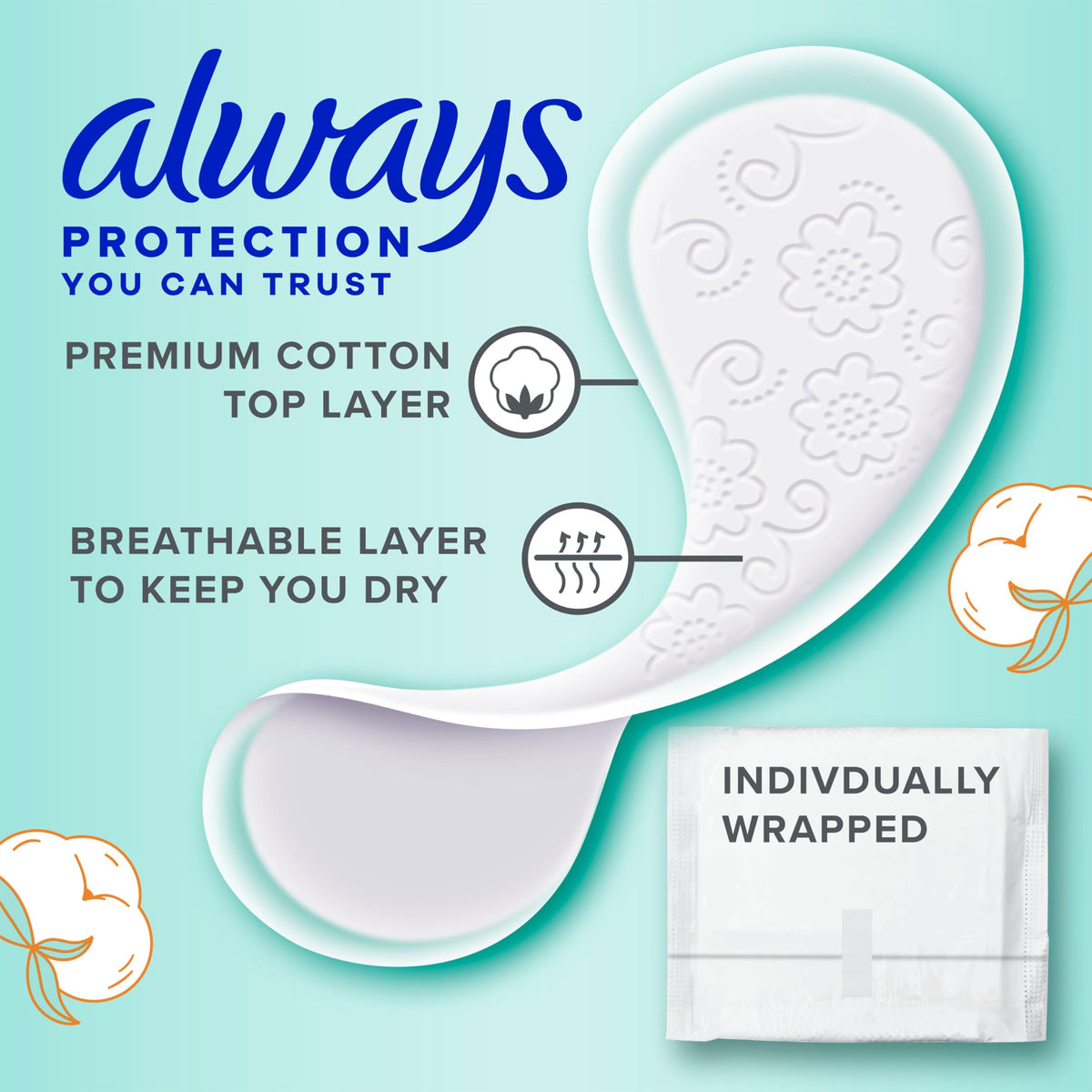 Panty Liners for Women Premium Cotton Liners 200 Count by Always – Regular, Cotton