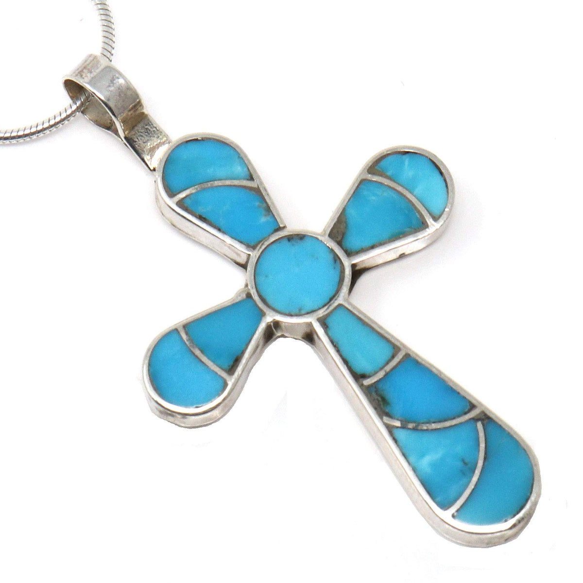 Channel Inlay Turquoise Cross Pendant by Johnson by L7 Trading – Sterling Silver, Model 43390-141456