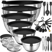 Umite Chef Stainless Steel Mixing Bowl Set, 26 Piece with Lids and Graters, Carbon Black