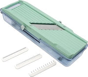 Benriner BN-3GR Japanese Handheld Mandolin Slicer with Three Interchangeable Stainless-Steel Blades-Ivory, Vegetable Fruit Cutter Peeler, Stainless Steel, Green, Catch Tray