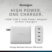 140W USB-C GaN Power Adapter 4 Port Charger with Cable by Kensington – Commercial Grade