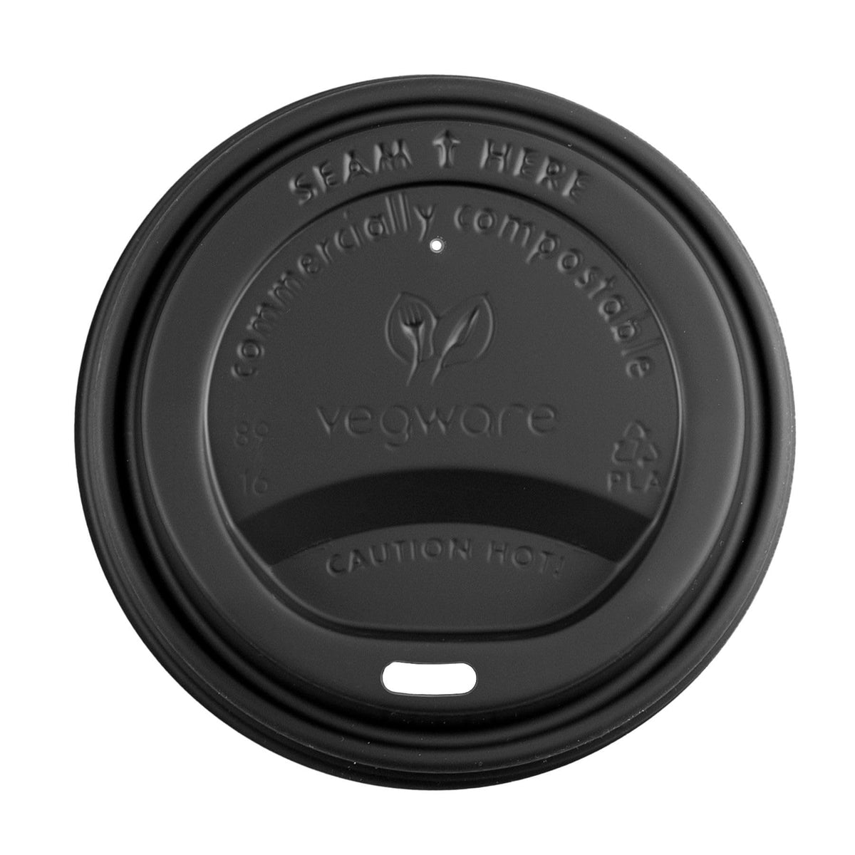 89-Series Compostable Coffee Cup Lids by Vegware – Fits 10-20oz, CPLA, Black, Pack of 1000, Model VLID89SB