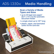 ADS-1350W Wireless Compact Desktop Scanner | Scan Speeds of Up to 30ppm | Single Pass Double-Sided Scanning (Renewed) by Brother – 8.50" x 14", White/Black, Model ADS-1350W-cr