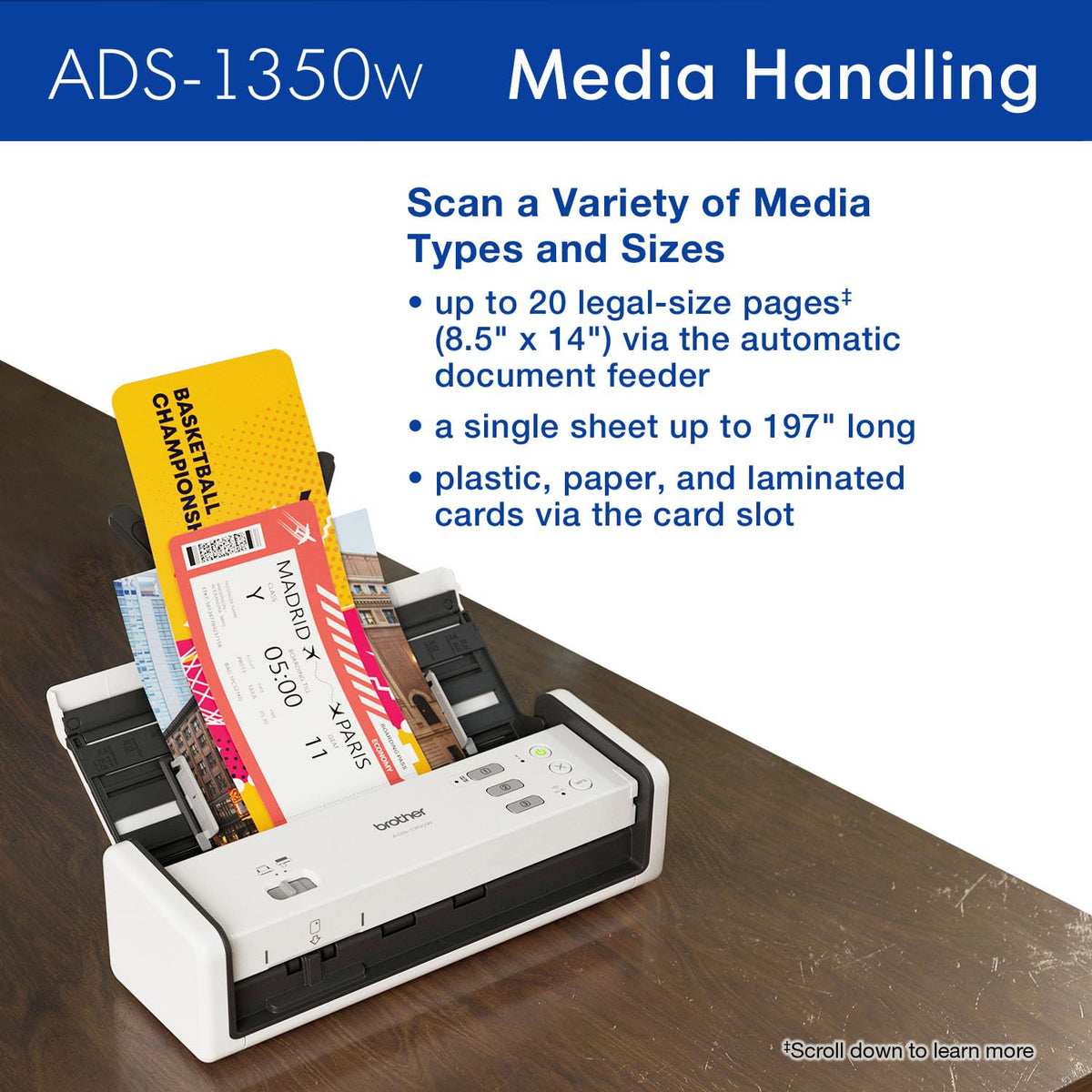 ADS-1350W Wireless Compact Desktop Scanner | Scan Speeds of Up to 30ppm | Single Pass Double-Sided Scanning (Renewed) by Brother – 8.50" x 14", White/Black, Model ADS-1350W-cr