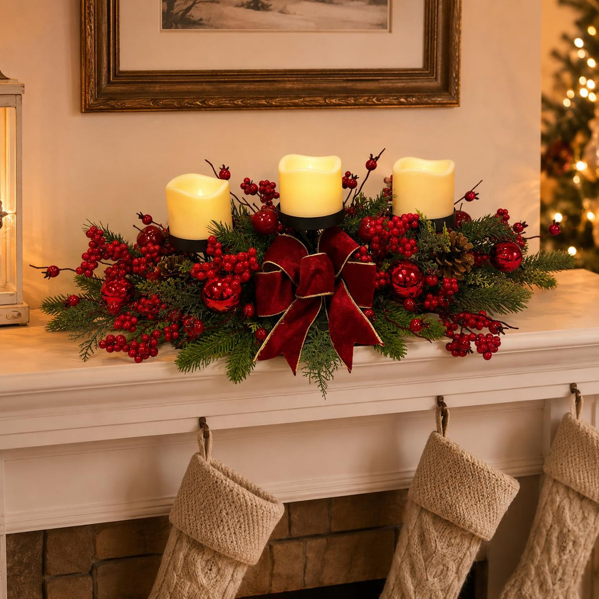 Svndlyn Candle Holder Centerpiece, 26 Inch Long with 3 Platforms, Red Green